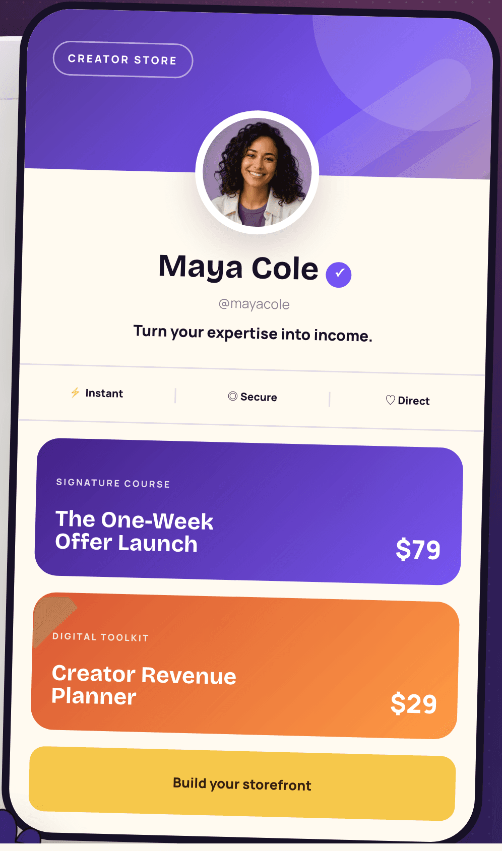 Maya Cole’s EarnThread storefront showing a course and digital toolkit
